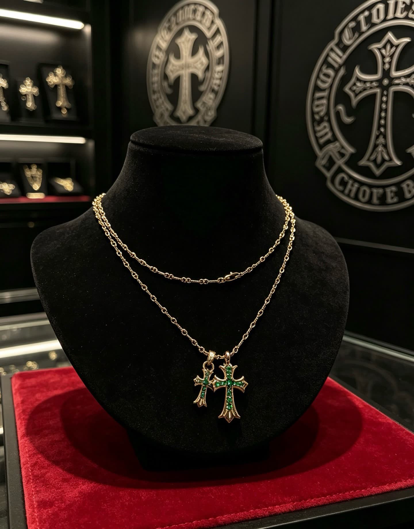Chrome Hearts Gold Plated Rosary Necklace with Emerald Cross